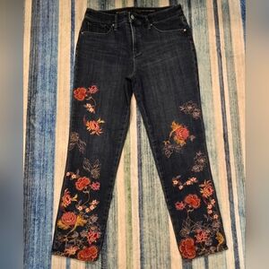 Chico's Dark Denim So Slimming Girlfriend Floral Embroidery Slim Ankle Jeans